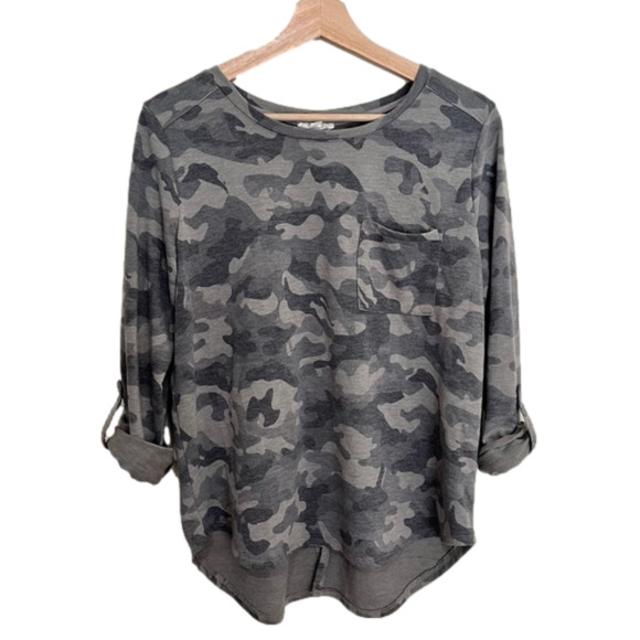 Jane & Delancey Camo Terry Sweatshirt Top Womens Size L Roll Tab Split Back Gray - Picture 1 of 9